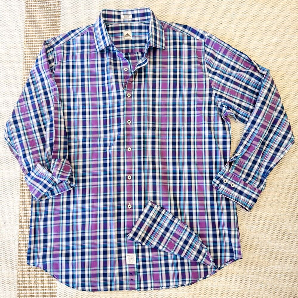 Peter Millar Mens XL Long Sleeve Button Down Shirt Purple Blue Plaid 100% Cotton